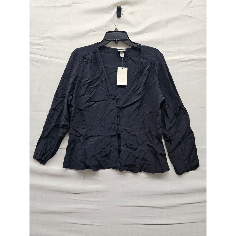 A New Day Womens Black Long Sleeve V-Neck Button-Front Rayon Blouse Size M NEW